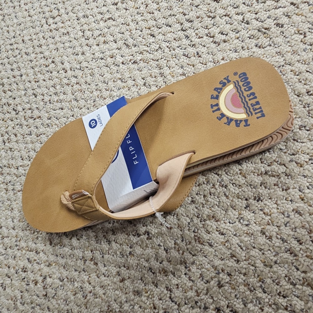 Life Is Good Sandals Womens Size 10 Tan Flip Flops Take It Easy Beach Relax